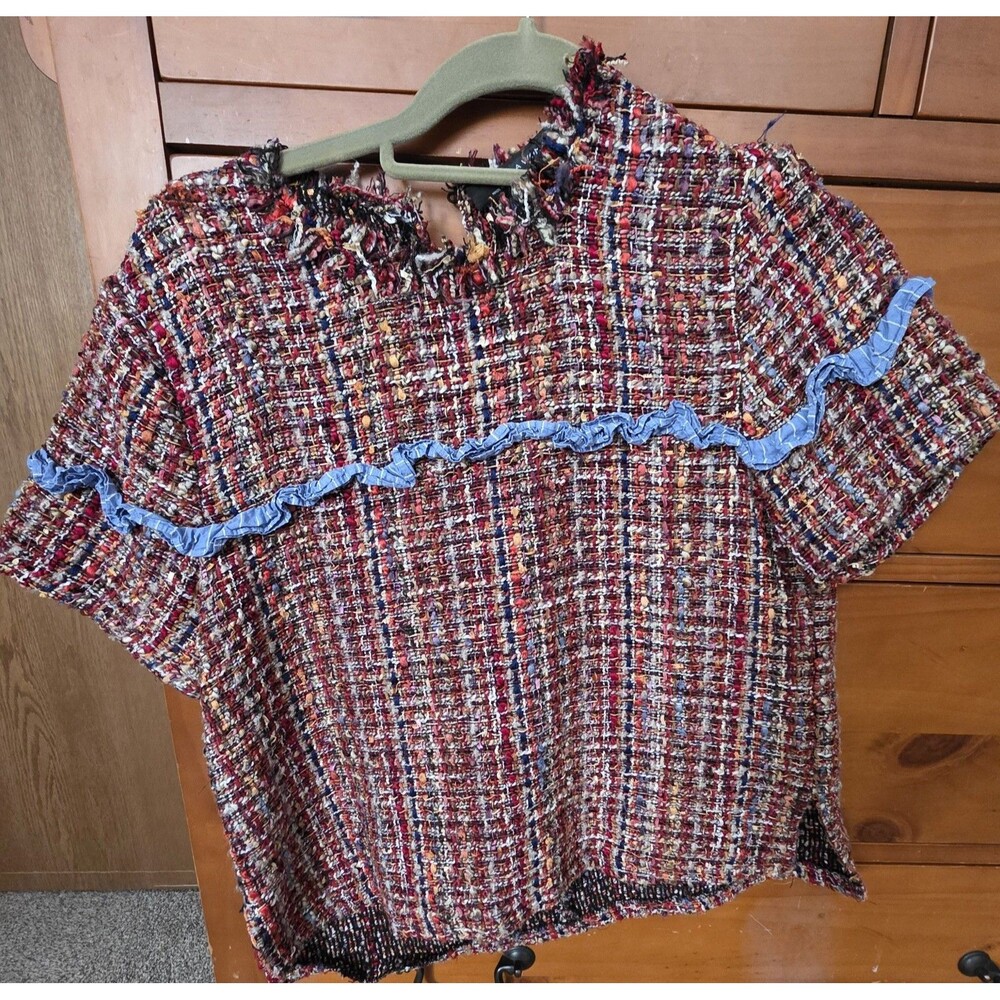 Zara Woman Tweed Knit Ruffle Top Small Fringe Short Sleeve Red Blue Preppy *Flaw